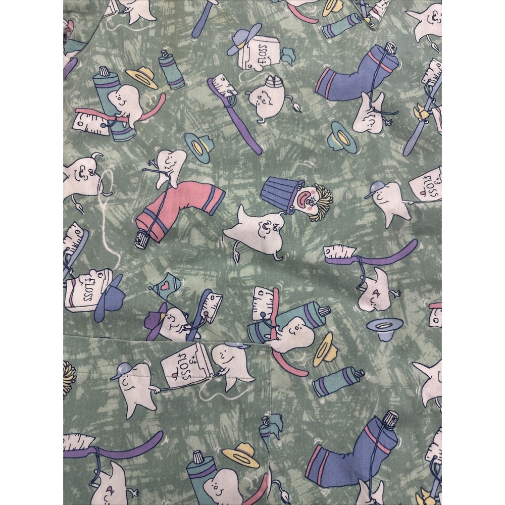 Peaches Uniforms Dental Print Scrub Top Sage Green V-Neck Size S Teeth Floss - Picture 2 of 7